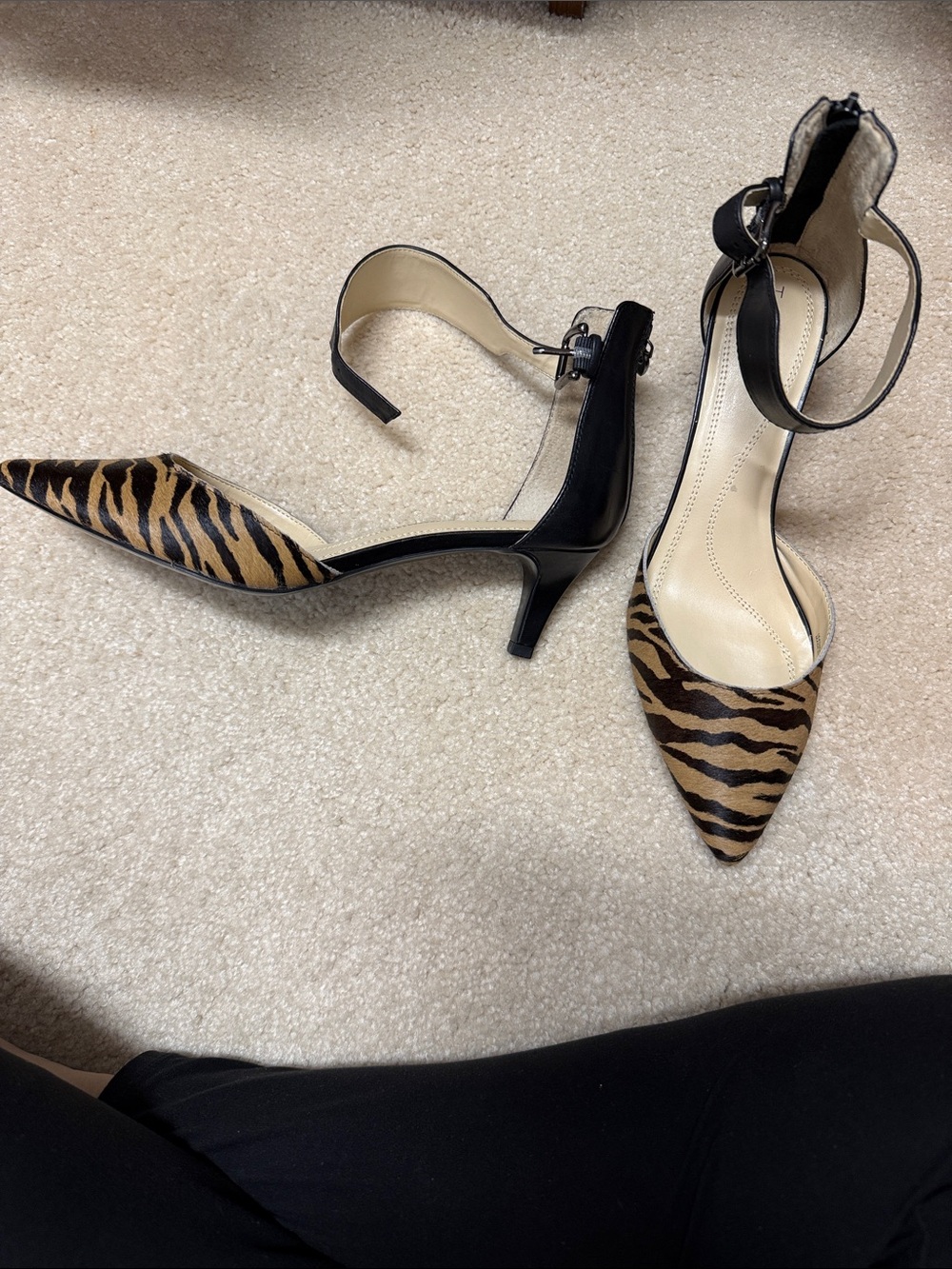 Tahari Black Ankle-Strap Pumps with Tiger-Print Toe